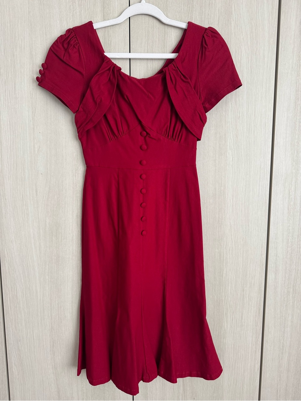 Vintage-Inspired Deep Red Midi Dress with Button Detail Sz S